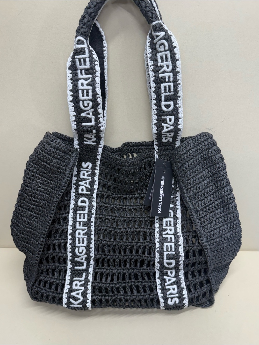 Karl Lagerfeld Black Crochet Tote with White-Trim Logo Straps size 12 x 13 inch